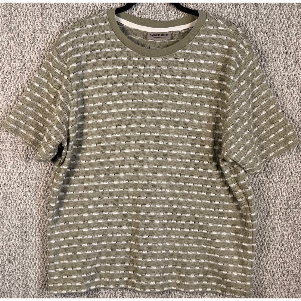 Amongst Others Knit Shirt Large Green Stripe Textured Short Sleeve Crewneck